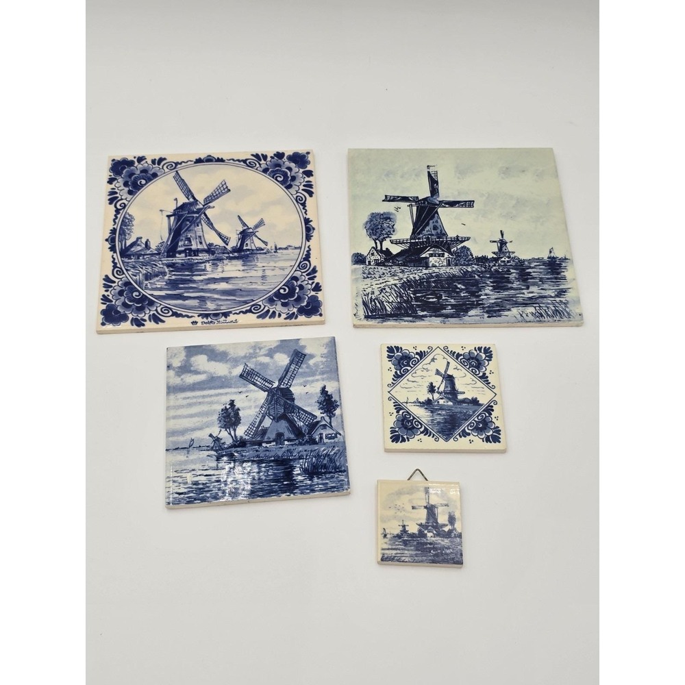 Holland Delft Blue Windmill Tile Wall Plaques Set of 5‎ Vintage Ceramic